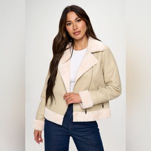 B. COATURE Nyla Faux Leather Winter Biker Coat in Cream